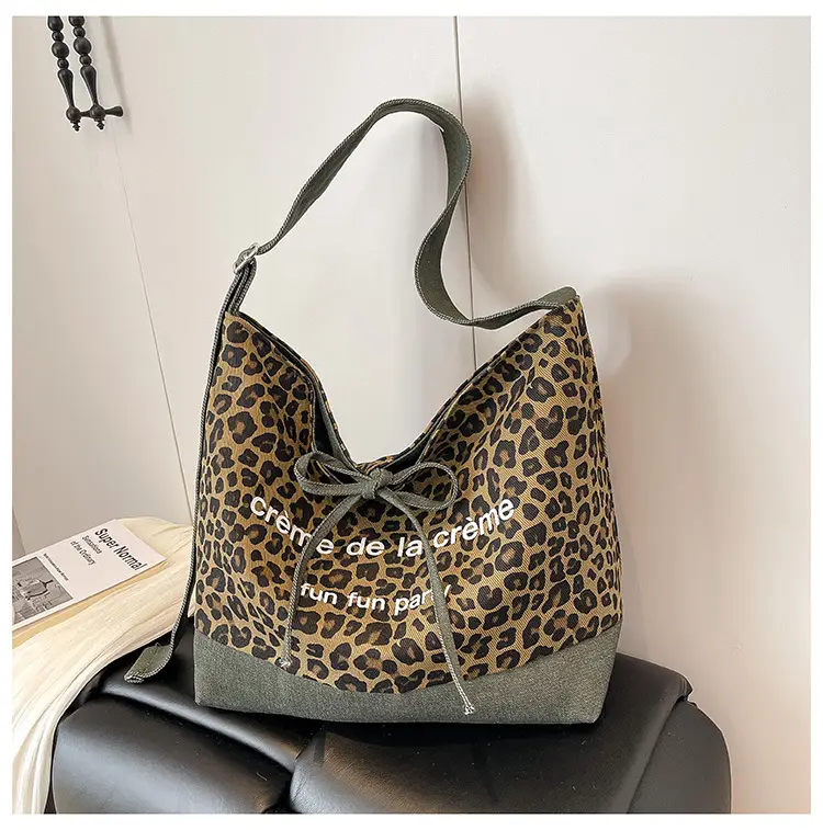 Retro Leopard Print Denim Tote Bag Double Sided Large Capacity - Image 2