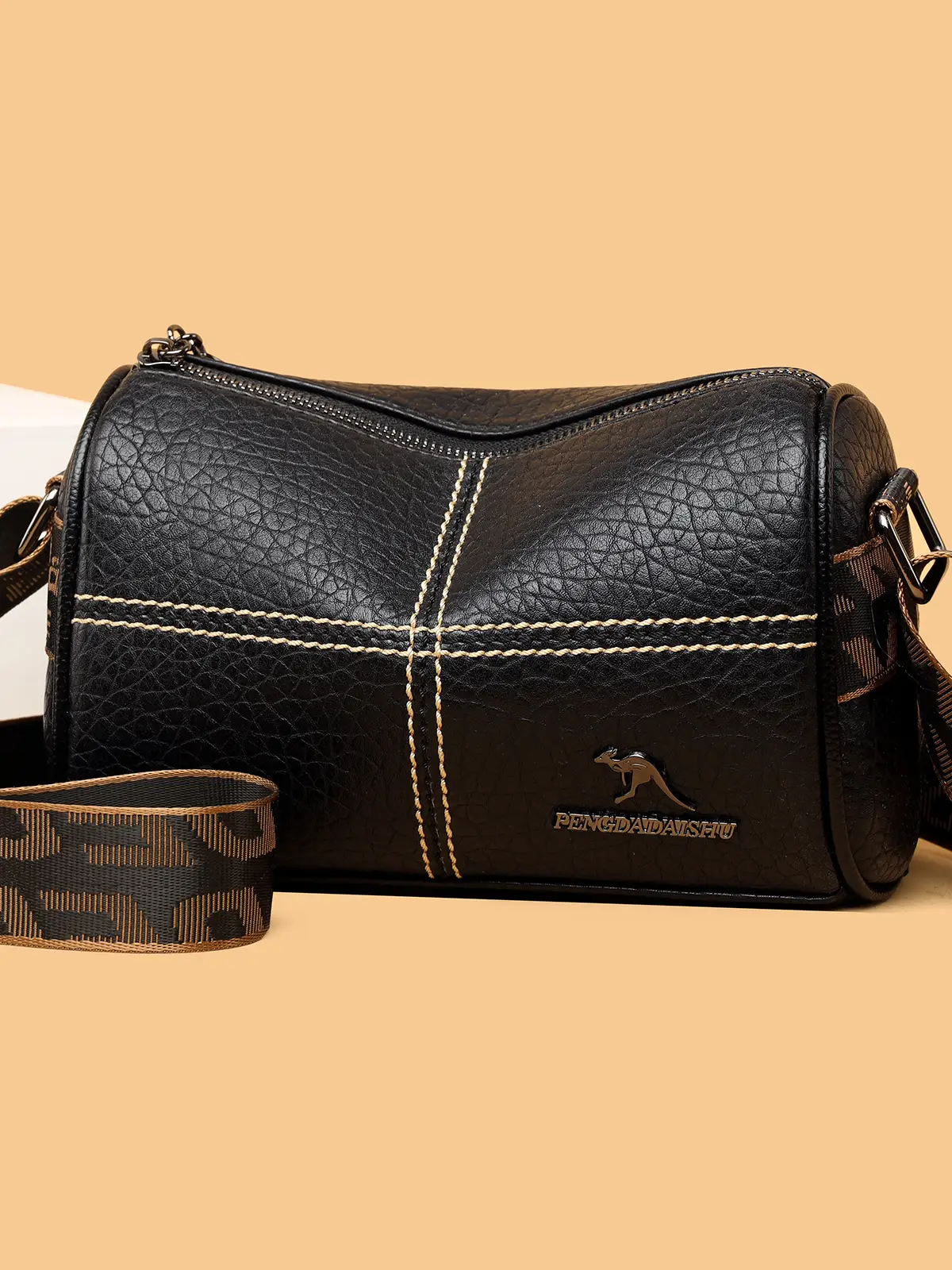 Black Embroidered Crossbody Bag with Strap