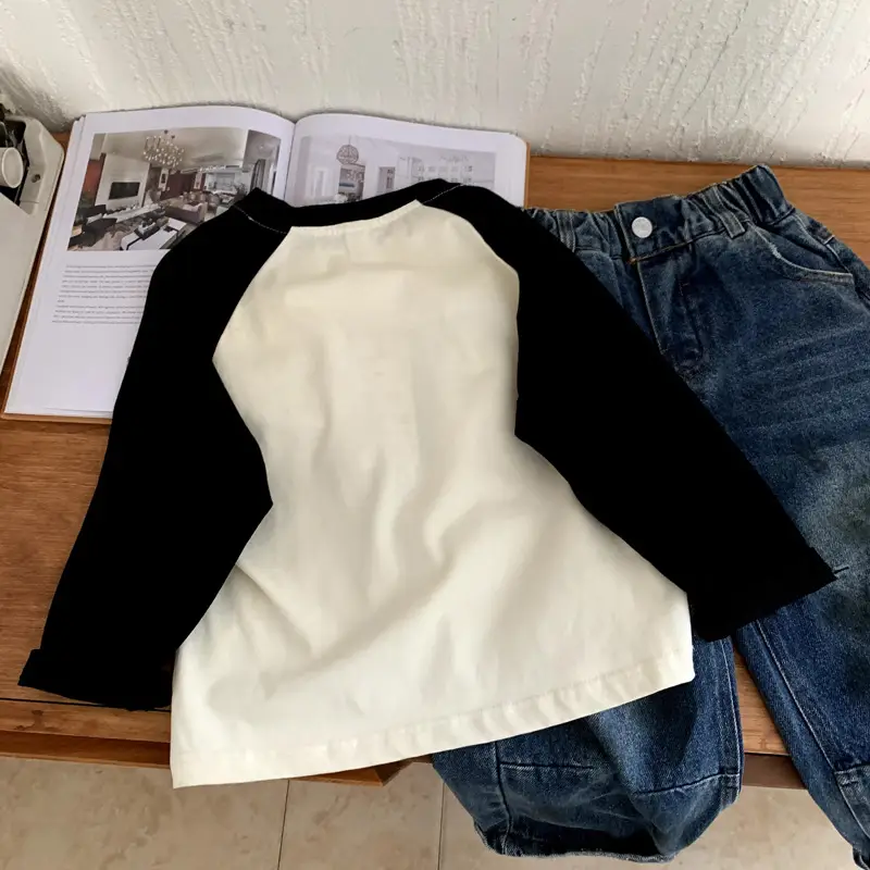 Boys Long Sleeve T-Shirt Cream Black Cartoon Print 2025