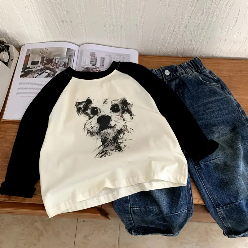 Boys Long Sleeve T-Shirt Cream Black Cartoon Print 2025 — feature 2