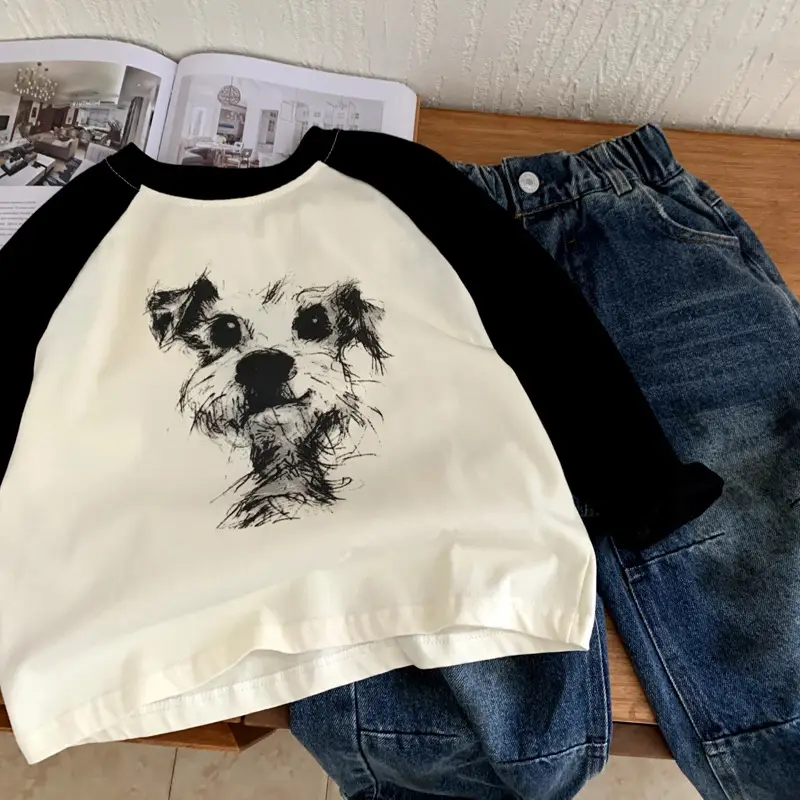 Boys Long Sleeve T-Shirt Cream Black Cartoon Print 2025 — feature 4