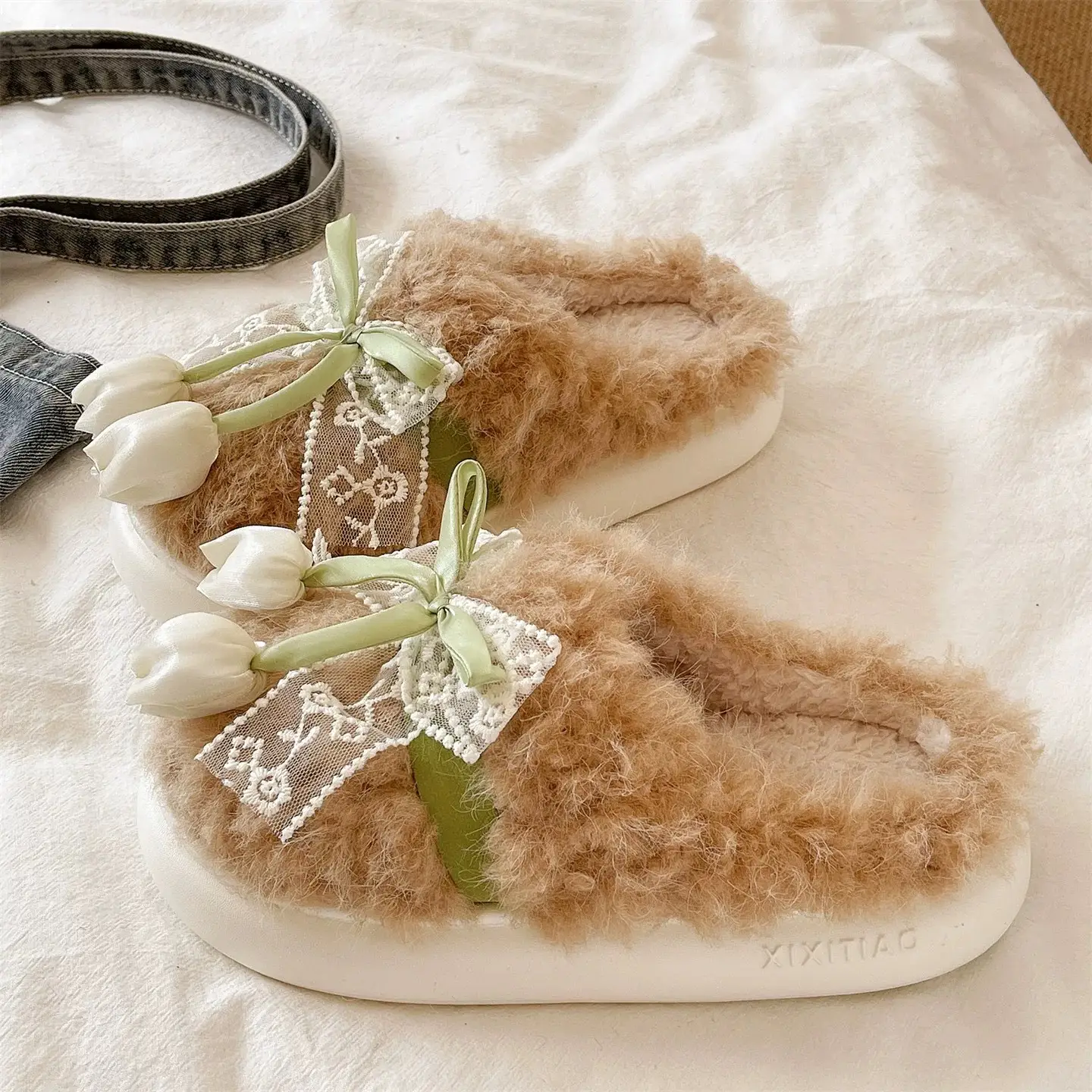 Women Winter Plush Furry Slippers with Bow - Image 4