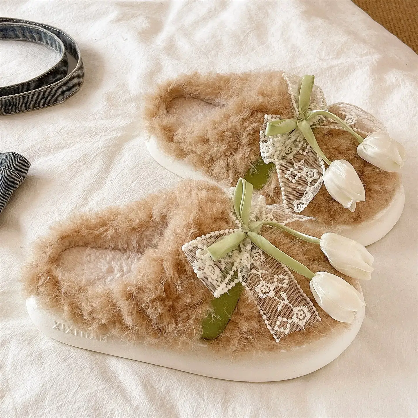 Women Winter Plush Furry Slippers with Bow - Image 5