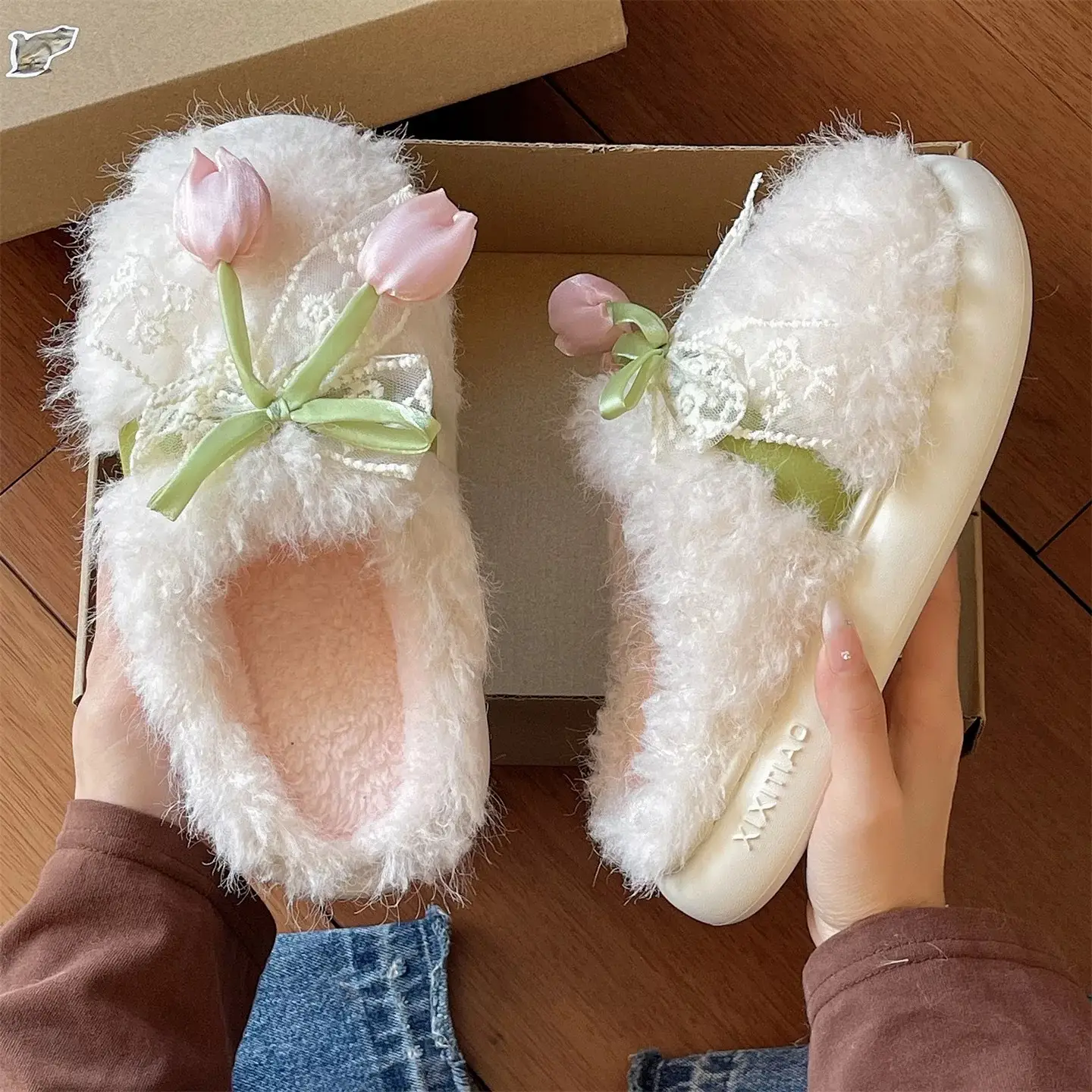 Women Winter Plush Furry Slippers with Bow - Image 6