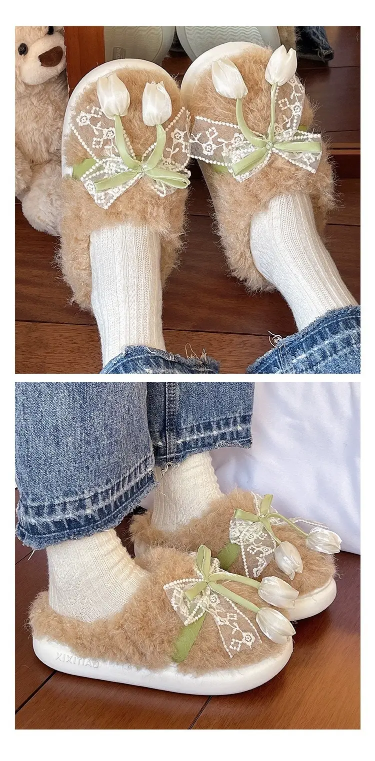 Women Winter Plush Furry Slippers with Bow — feature 10