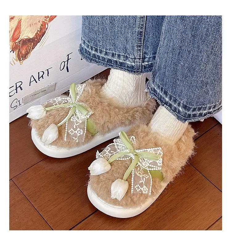 Women Winter Plush Furry Slippers with Bow — feature 11