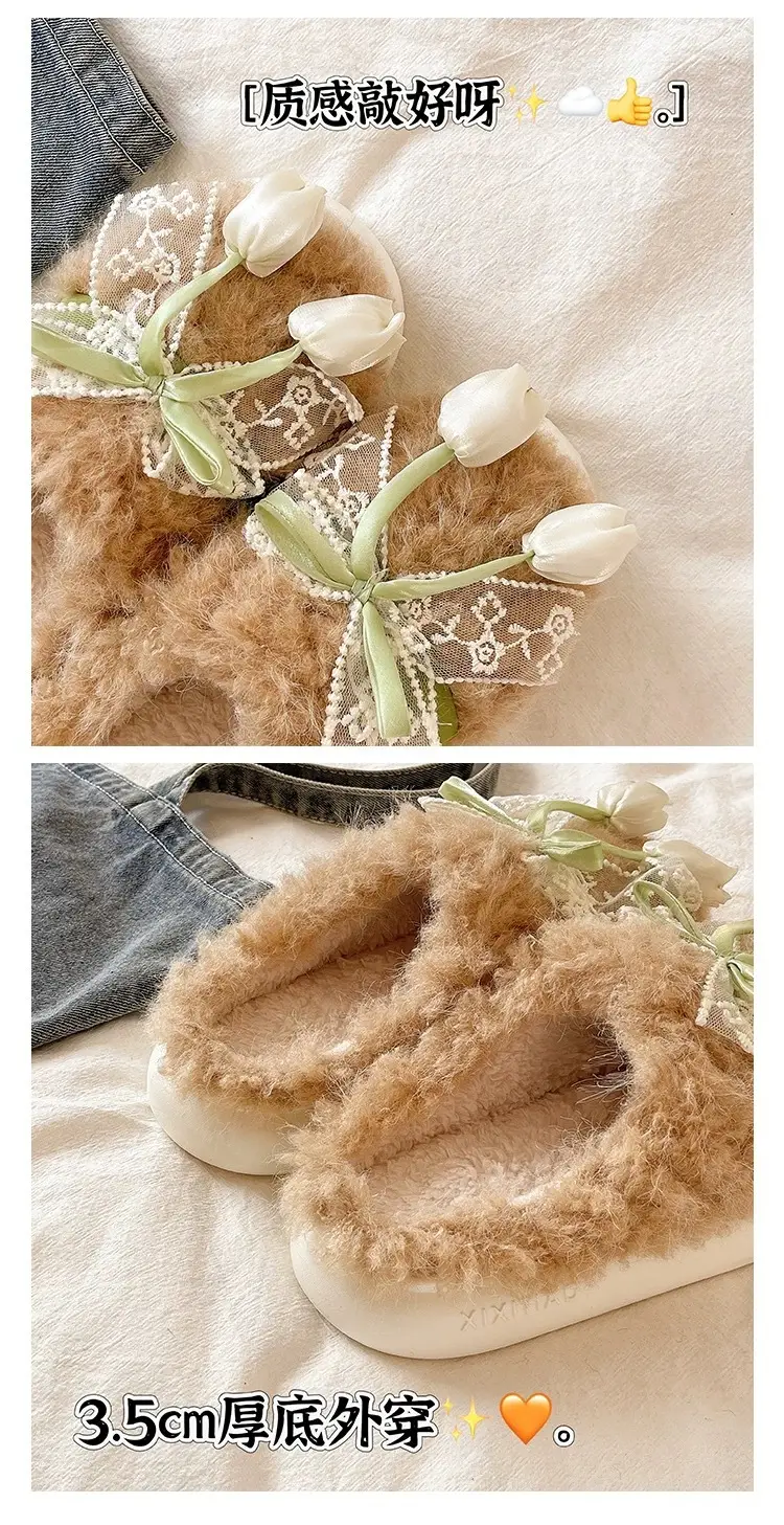 Women Winter Plush Furry Slippers with Bow — feature 3