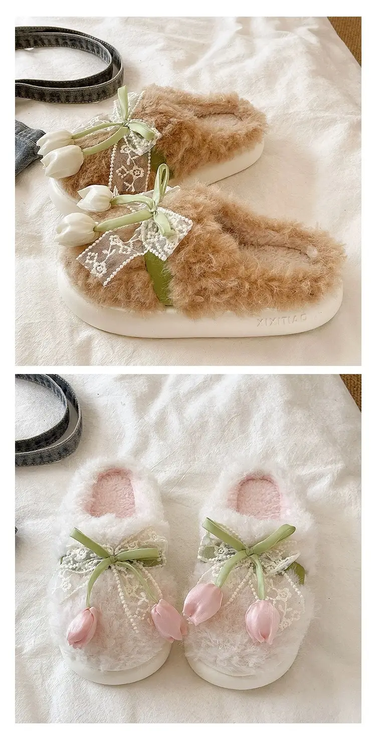Women Winter Plush Furry Slippers with Bow — feature 4