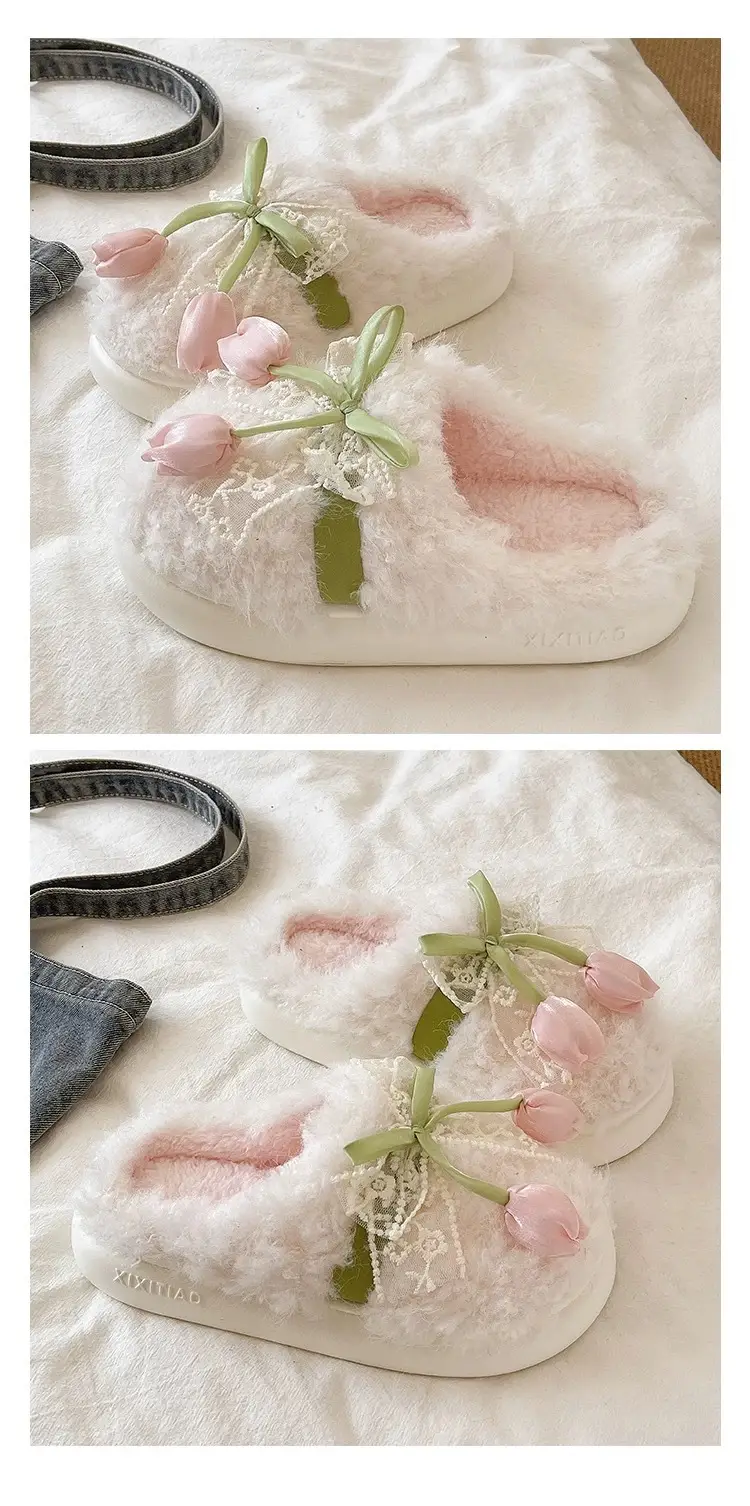 Women Winter Plush Furry Slippers with Bow — feature 5