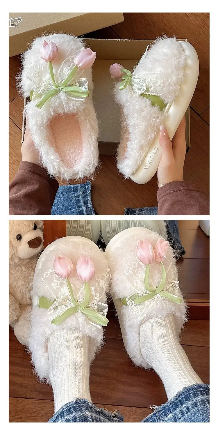 Women Winter Plush Furry Slippers with Bow — feature 7