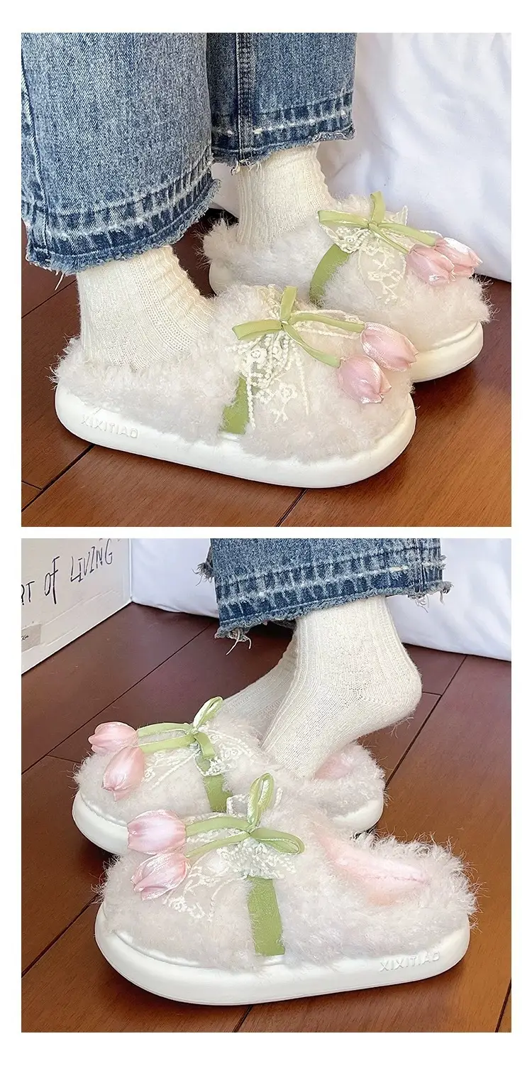 Women Winter Plush Furry Slippers with Bow — feature 8