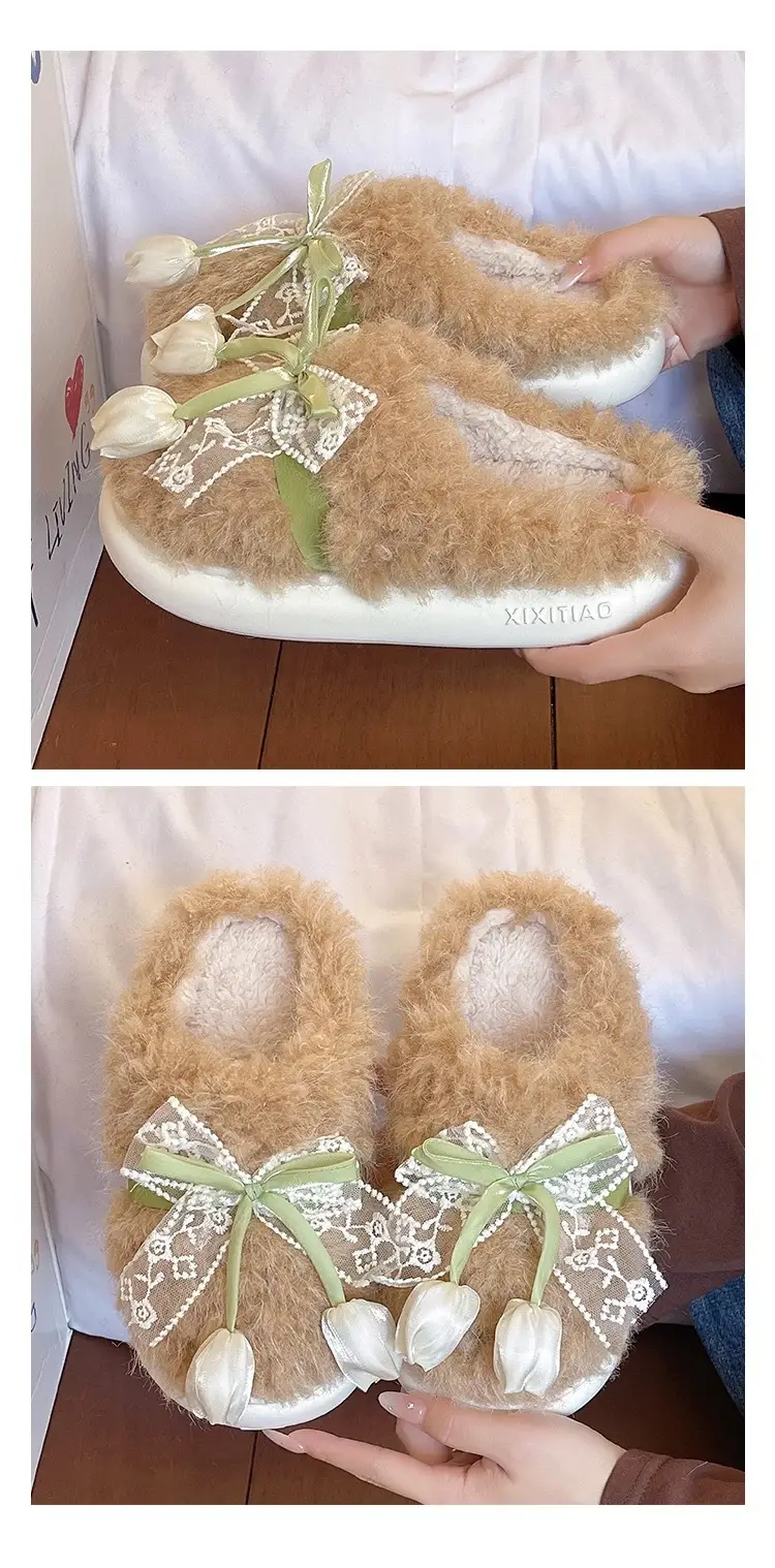 Women Winter Plush Furry Slippers with Bow — feature 9