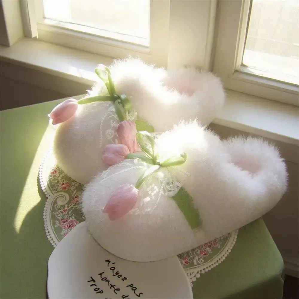 Women Winter Plush Furry Slippers with Bow