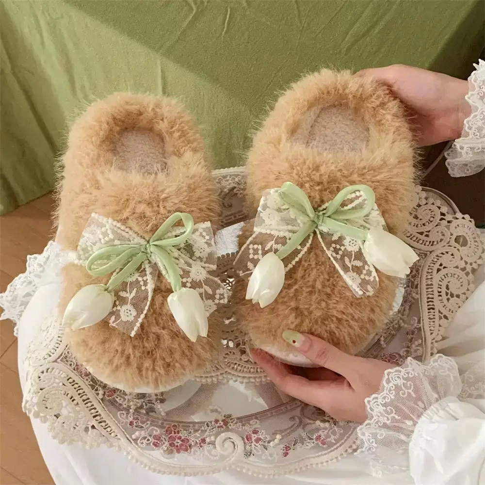 Women Winter Plush Furry Slippers with Bow - Image 2