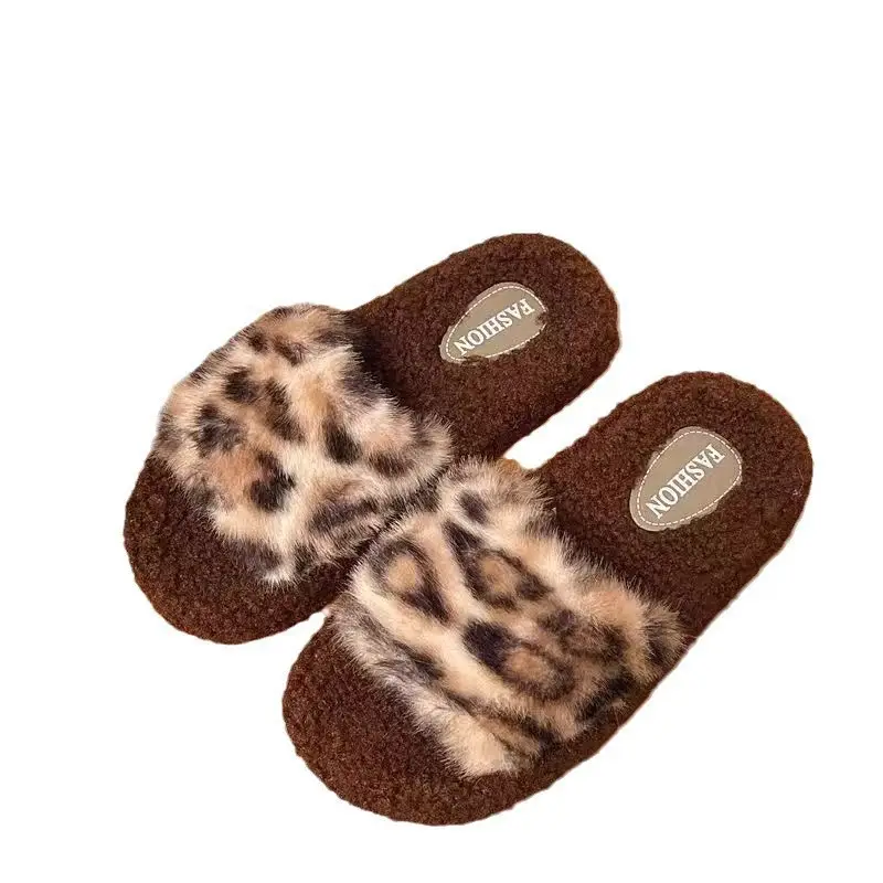 Furry Leopard Print Slippers for Women 2024 New Autumn and Winter Home Indoor Non-Slip Cute Outerwear Cotton Slippers for Women Wholesale
