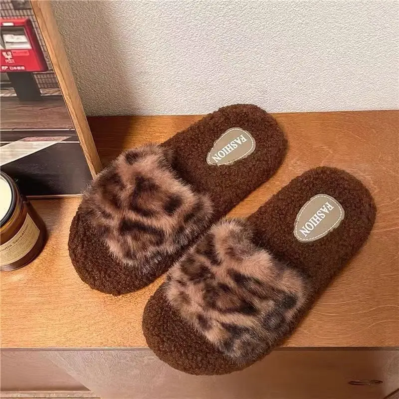 Furry Leopard Print Slippers for Women 2024 New Autumn and Winter Home Indoor Non-Slip Cute Outerwear Cotton Slippers for Women Wholesale