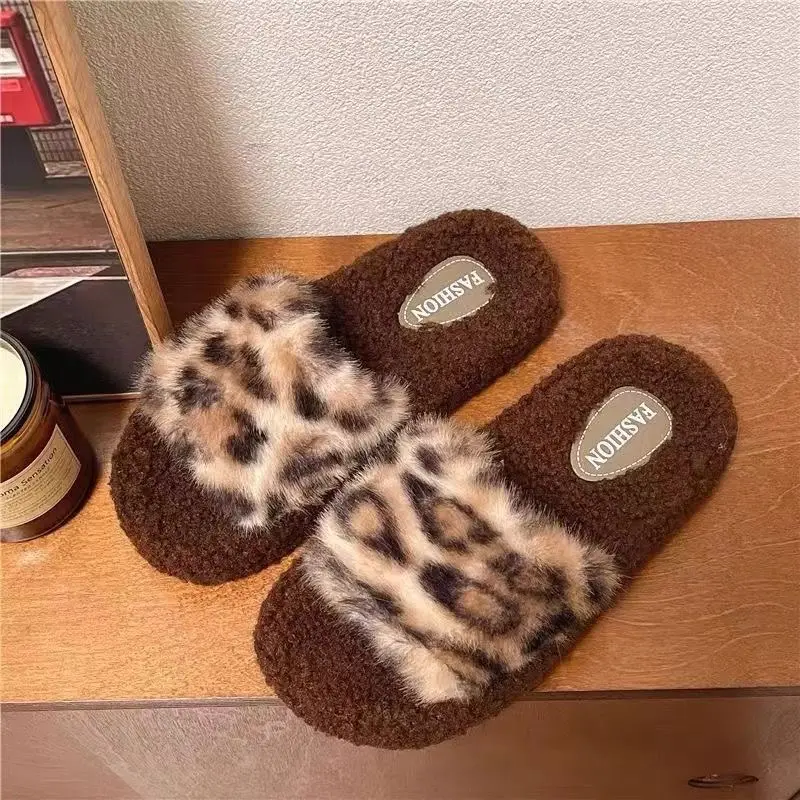 Furry Leopard Print Slippers for Women 2024 New Autumn and Winter Home Indoor Non-Slip Cute Outerwear Cotton Slippers for Women Wholesale
