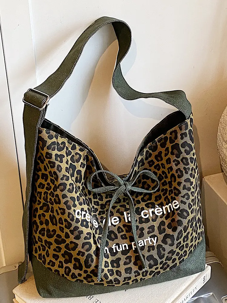 Retro Leopard Print Denim Tote Bag Double Sided Large Capacity - Image 3