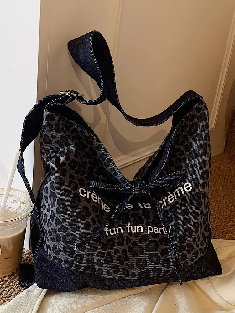 Retro Leopard Print Denim Tote Bag Double Sided Large Capacity - Image 4