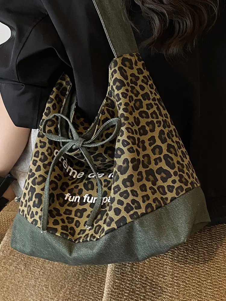 Retro Leopard Print Denim Tote Bag Double Sided Large Capacity - Image 5