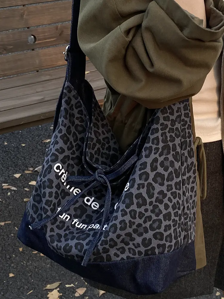 Retro Leopard Print Denim Tote Bag Double Sided Large Capacity - Image 7