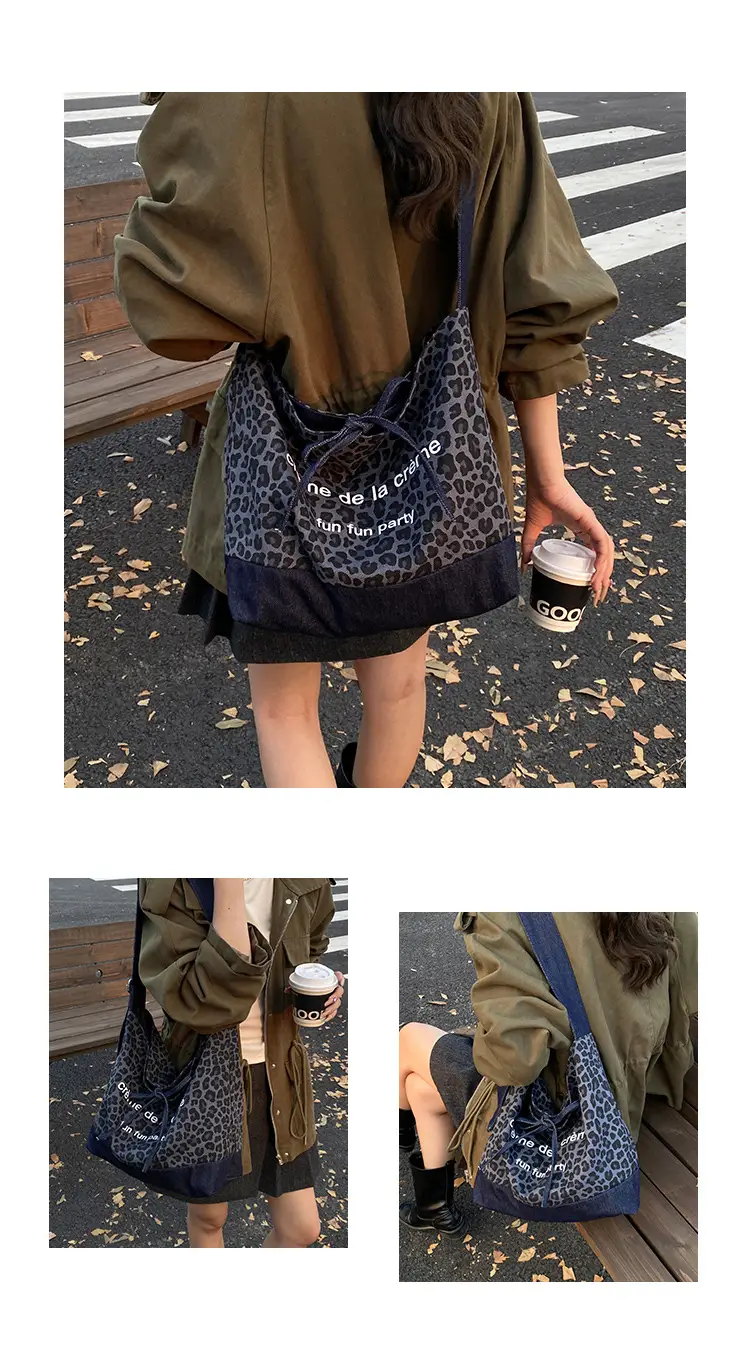 Retro Leopard Print Denim Tote Bag Double Sided Large Capacity — feature 8