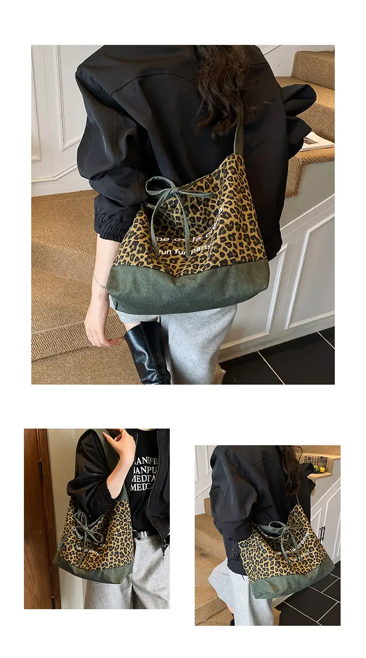 Retro Leopard Print Denim Tote Bag Double Sided Large Capacity — feature 9
