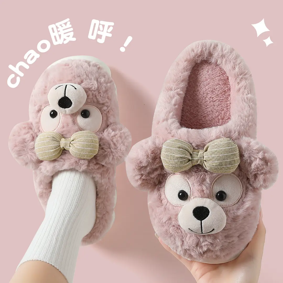 Women's Bow-Knot Bear Cotton Slippers for Autumn and Winter, Non-Slip, Warm, Plush, Children's Cotton Slippers for Women, Wholesale - Image 5