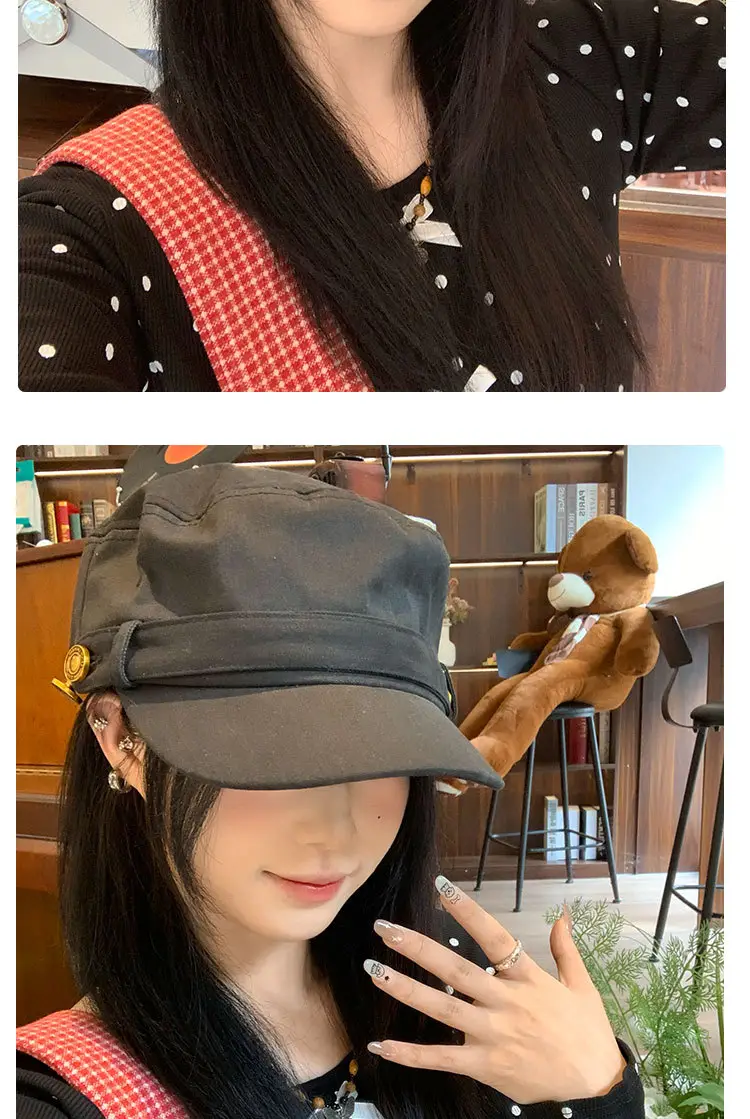 Vintage Button Equestrian Hat for Women Flat Top Beret Duckbill Hat — feature 10
