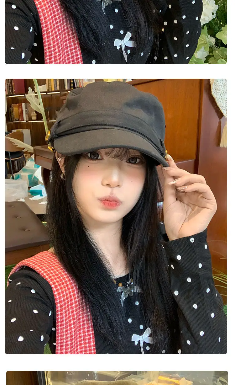 Vintage Button Equestrian Hat for Women Flat Top Beret Duckbill Hat — feature 11