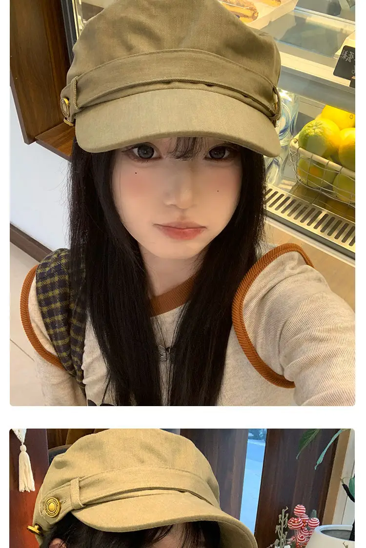 Vintage Button Equestrian Hat for Women Flat Top Beret Duckbill Hat — feature 12