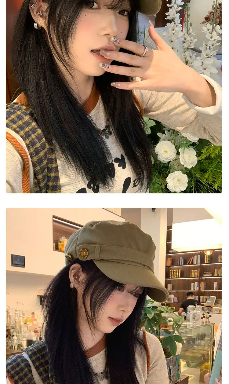 Vintage Button Equestrian Hat for Women Flat Top Beret Duckbill Hat — feature 13