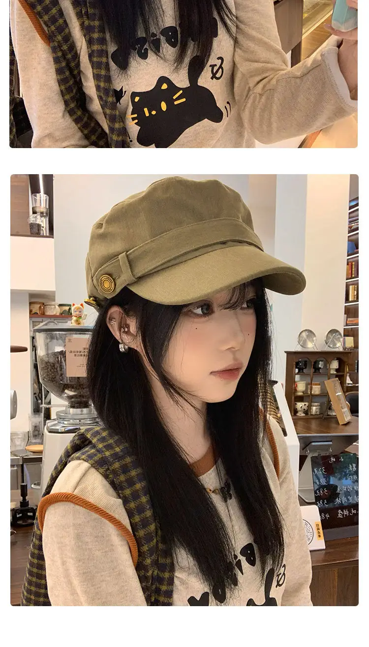 Vintage Button Equestrian Hat for Women Flat Top Beret Duckbill Hat — feature 14