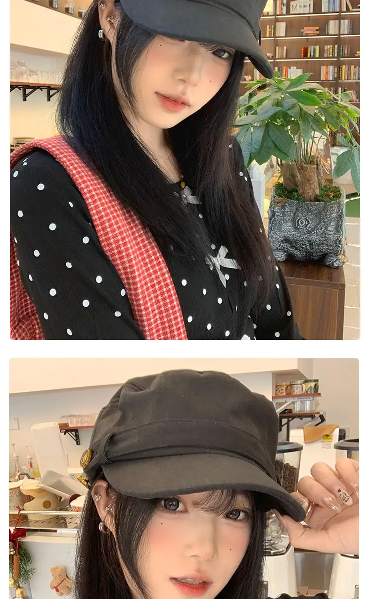 Vintage Button Equestrian Hat for Women Flat Top Beret Duckbill Hat — feature 9