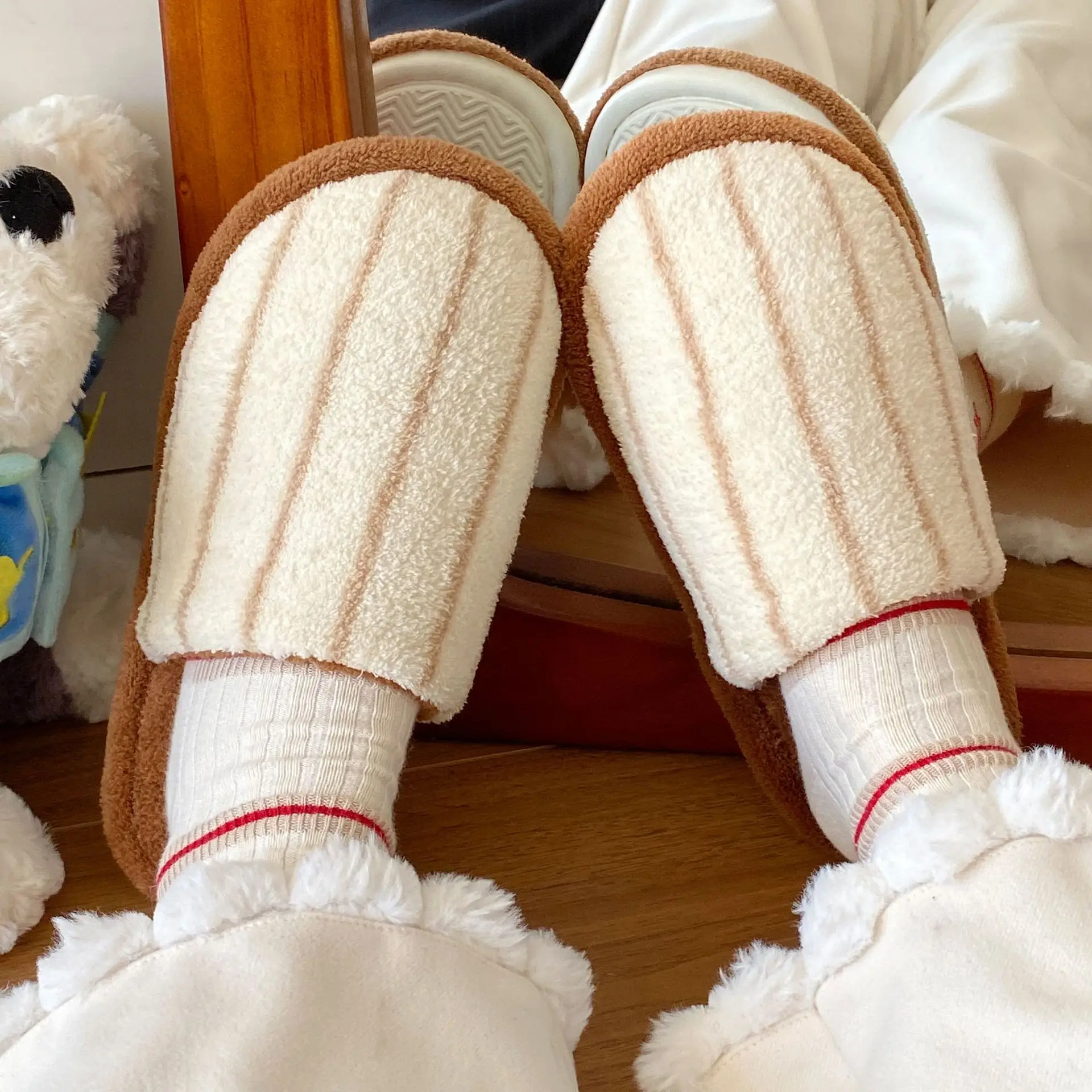 Women Cotton Striped Winter Slippers 2025