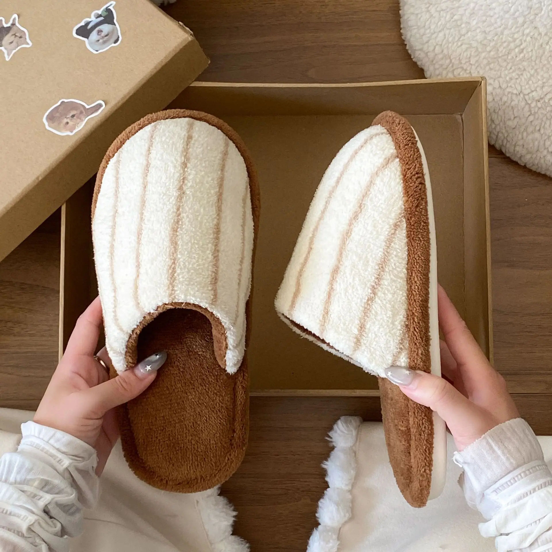 Women Cotton Striped Winter Slippers 2025