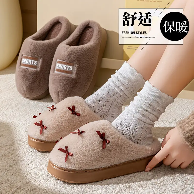 Bow Cotton Slippers Women's Autumn and Winter 2025 New Indoor Home Non-Slip Thick Sole Warm Plush Cotton Slippers - Image 7