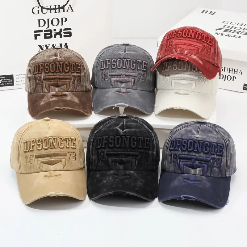 Men Distressed Red Sun Hat with Embroidered Logo - Image 11