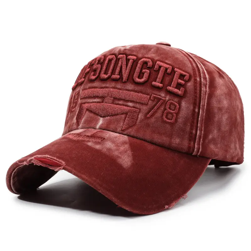 Men Distressed Red Sun Hat with Embroidered Logo - Image 3