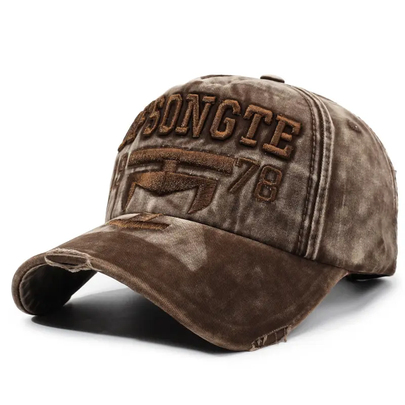 Men Distressed Red Sun Hat with Embroidered Logo - Image 4