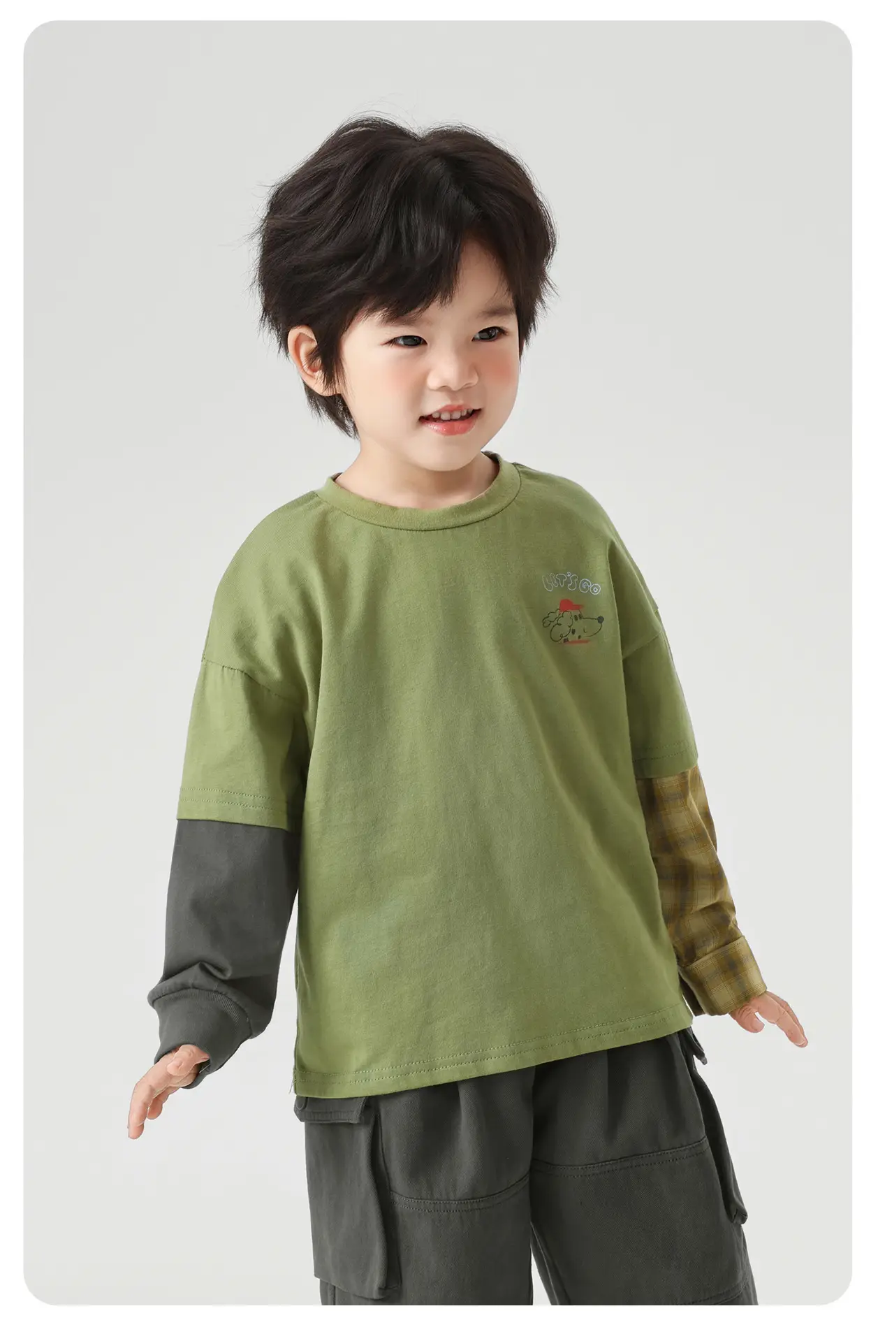 Boys Pure Cotton Fake Two-Piece T-Shirt Green Spring 2026 — feature 14
