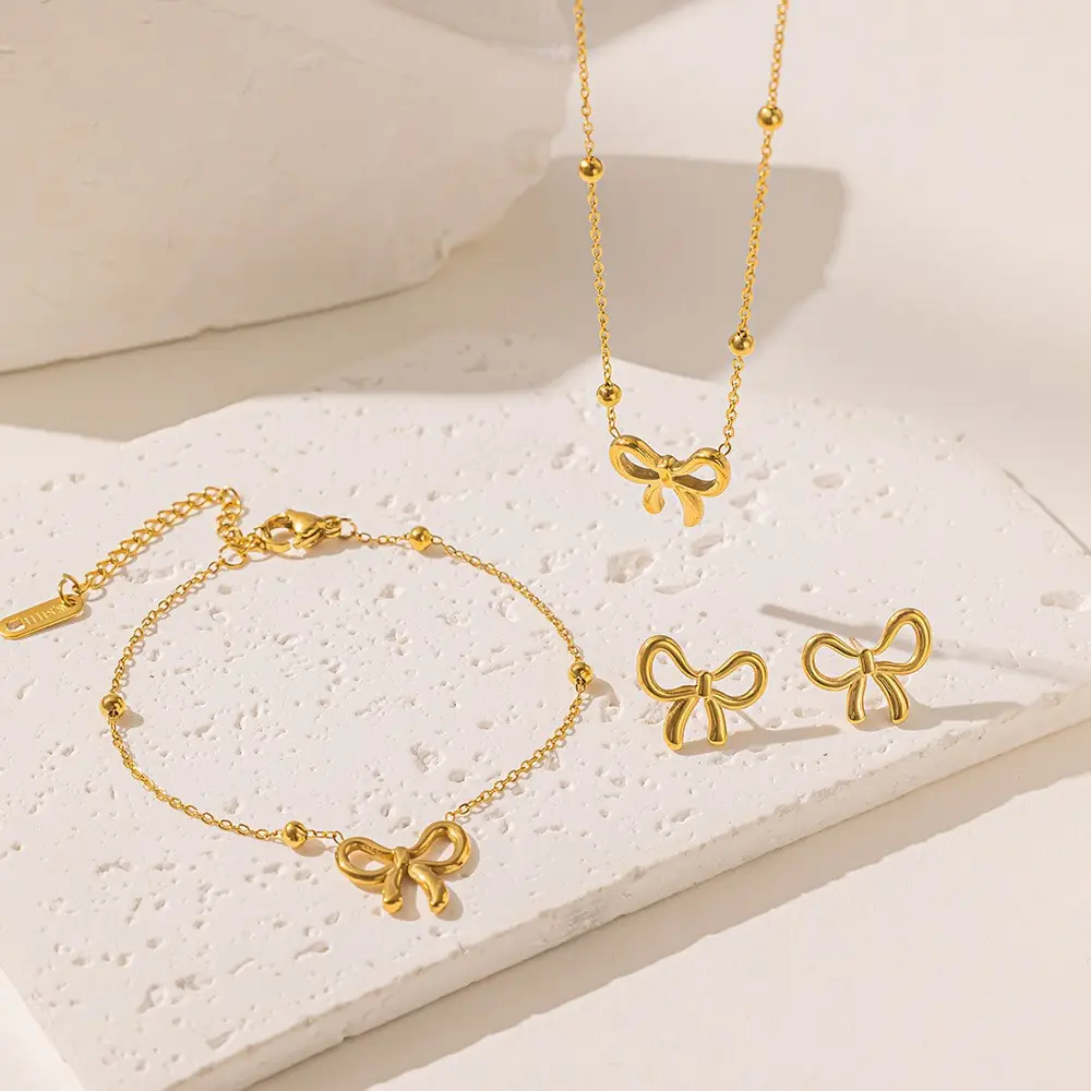 Gold Titanium Bow Necklace Set for Women - Image 4
