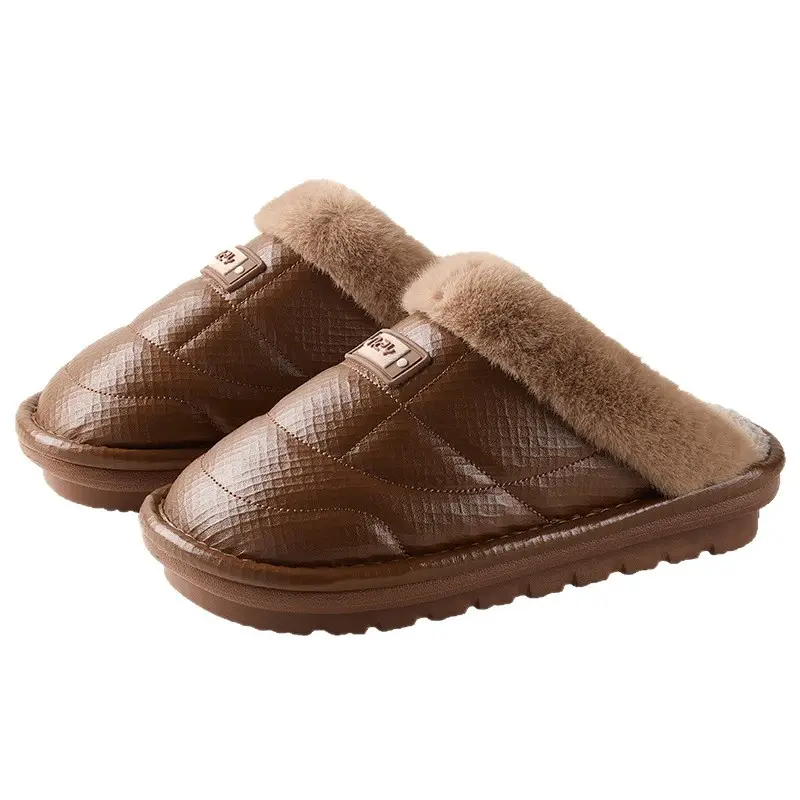 Qidan Shoe Factory Men's Cotton Slippers Autumn and Winter Indoor Home Plus Velvet Thickened Warm Pu Waterproof Extra Large Cotton Slippers