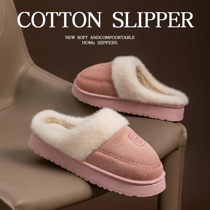 Fashionable Plush Cotton Slippers for Women, Autumn and Winter Indoor Home Thick-Soled Non-Slip Fleece-Lined Warm Cross-Border New Cotton Slippers