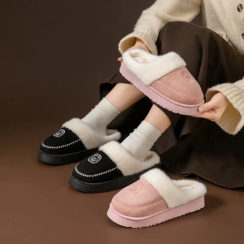 Fashionable Plush Cotton Slippers for Women, Autumn and Winter Indoor Home Thick-Soled Non-Slip Fleece-Lined Warm Cross-Border New Cotton Slippers