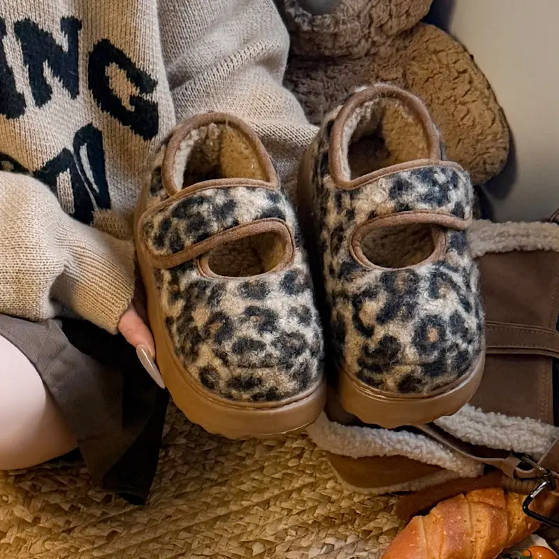 Retro Leopard Velcro Loafers Women Warm Thick Soled - Image 3