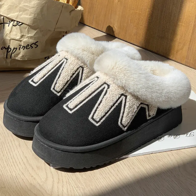 Women Fleece Lined Winter Slippers Black Height Increasing