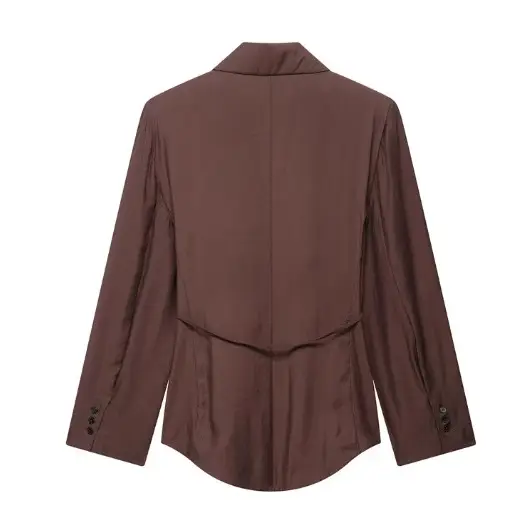 Brown Belted Jacket Shorts Suit for Women - Image 5