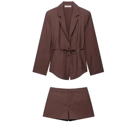 Brown Belted Jacket Shorts Suit for Women - Image 7