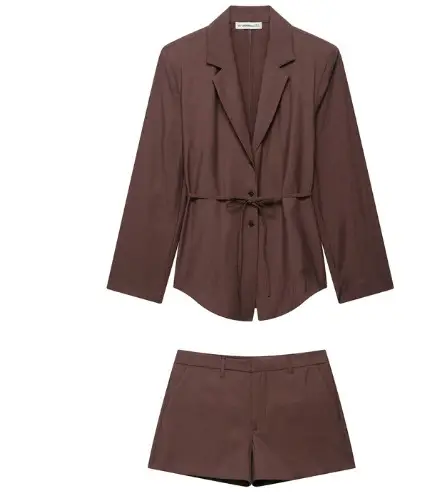 Brown Belted Jacket Shorts Suit for Women — feature 3